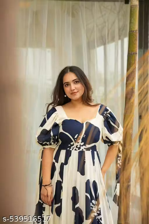 Navy & White Floral Maxi Dress with Puff Sleeves