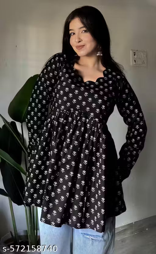 Printed Rayon fancy neck Cotton Top Short Kurti for womens Printed short top