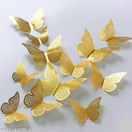 New Stylish And Trending 12pcs 3D Gorgeous Shiny Gold Butterflys Stickers with Sticking Pads- (Golden, Set of 12)