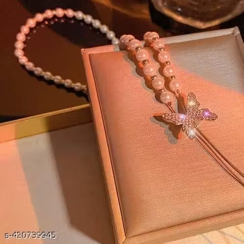 Vembley Golden Chain Necklace For Women Pearl Butterfly Tassel Long Chain Necklace