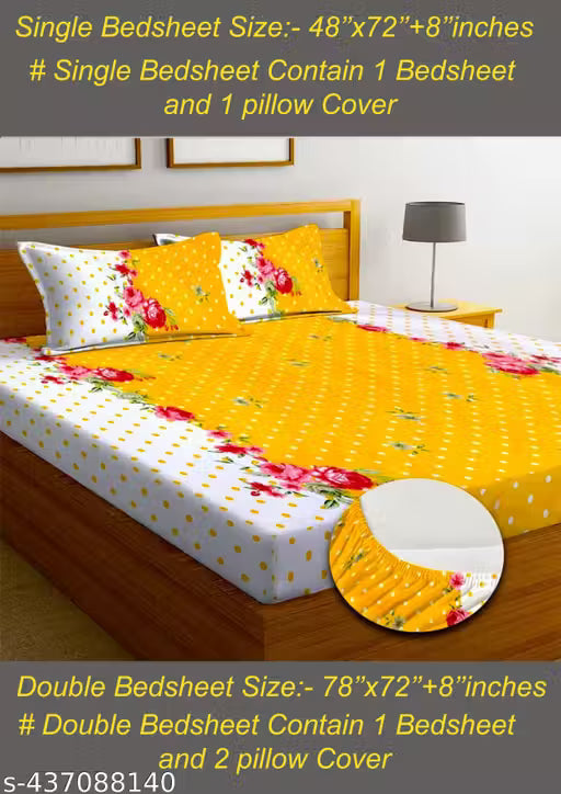 Sunshine Premium Cotton Feel Glace Cotton Elastic Fitted Printed King Size Double Bed Bedsheet with 2 Pillow Covers