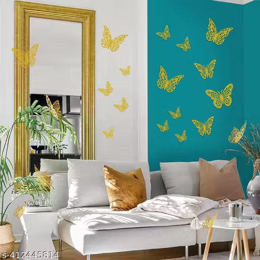 New Stylish And Trending 12pcs 3D Gorgeous Shiny Gold Butterflys Stickers with Sticking Pads- (Golden, Set of 12)
