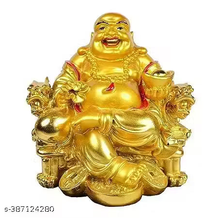 HC VILLA Feng Shui Laughing Buddha Happy Man for Happiness and Money Wealth Sitting on Chair, Golden
