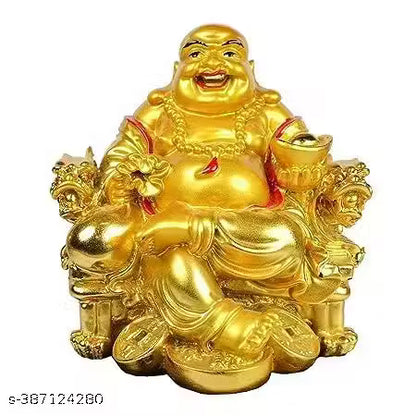 HC VILLA Feng Shui Laughing Buddha Happy Man for Happiness and Money Wealth Sitting on Chair, Golden