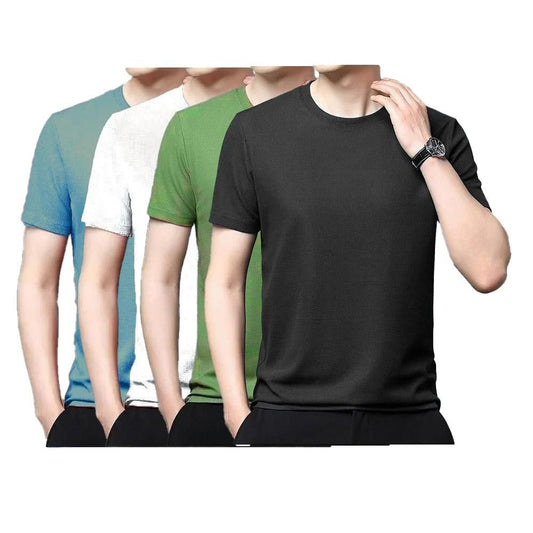 Polyester Stretchable Solid Half Sleeves Mens Round Neck T-Shirt Pack Of 4 - NuroHub