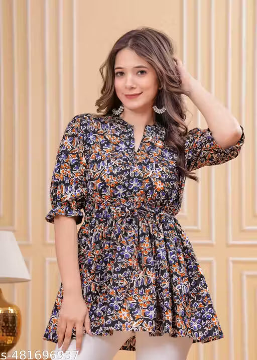 Women's Jaipuri Printed Floral Short Kurta,Floral Short Kurta, Short Kurta for Jeans