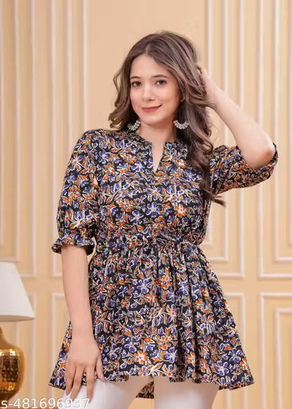 Women's Jaipuri Printed Floral Short Kurta,Floral Short Kurta, Short Kurta for Jeans