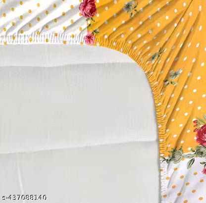Sunshine Premium Cotton Feel Glace Cotton Elastic Fitted Printed King Size Double Bed Bedsheet with 2 Pillow Covers