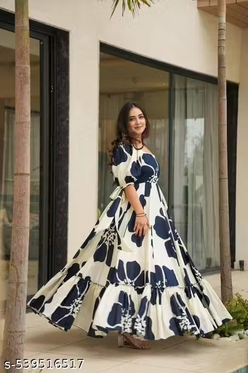 Navy & White Floral Maxi Dress with Puff Sleeves