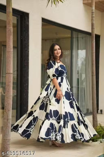 Navy & White Floral Maxi Dress with Puff Sleeves