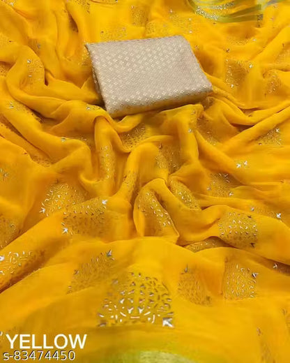 AnyTime's Poly Chiffon Yellow Lace border Saree With Blouse