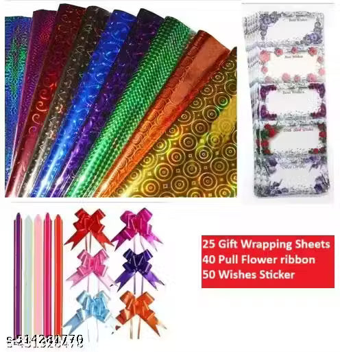 Pack of 25 Gift Wrapping Sheets With 40 Pull Flower ribbon and 50 Wishes Sticker