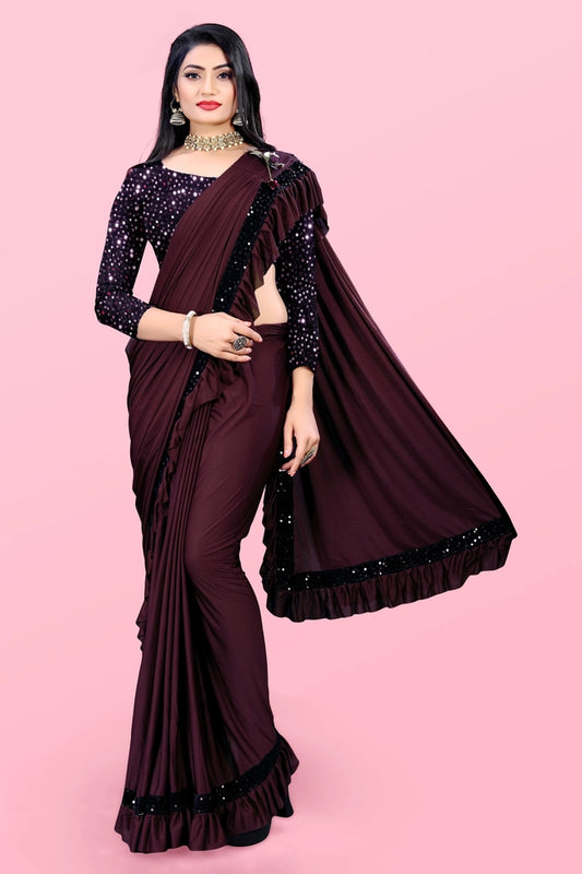 Lycra Blend Solid Saree for Women (Maroon, 6.3 m)