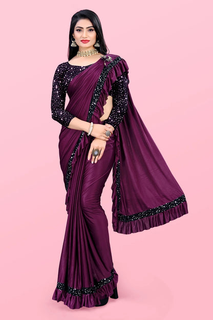 Lycra Blend Solid Saree for Women (Maroon, 6.3 m)
