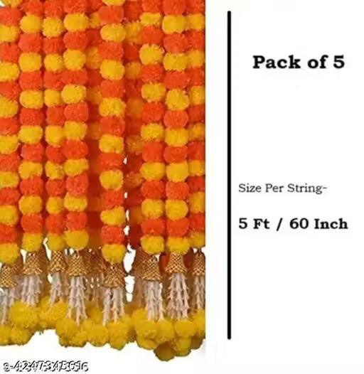 Blossom Decors Group Marigold Garlands with Bells and Jasmine,Pack of 5 Strings
