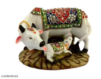 Kamdhenu Cow and Calf Showpiece | Good Luck Gift | Handicraft Marble Dust/Polyresin Decorative Statue | 5x3x3 Inch | Export Quality