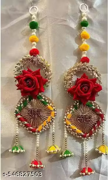 Artistic Dreams Pack Of 2pcs of13*5 Inches Artificial Floral Subh Labh Rose Wall Hanging For Diwali Decoration,Home