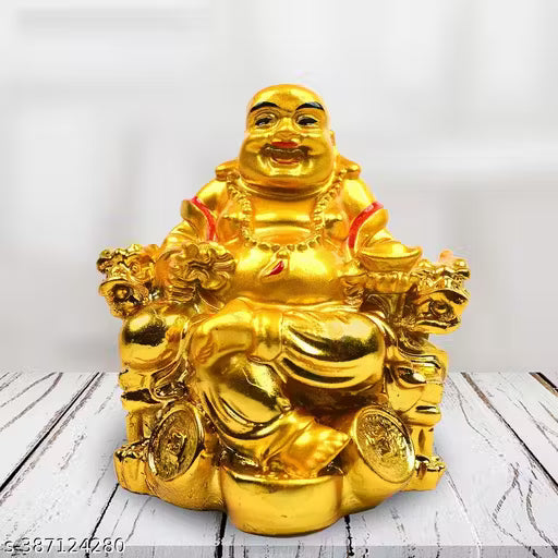 HC VILLA Feng Shui Laughing Buddha Happy Man for Happiness and Money Wealth Sitting on Chair, Golden