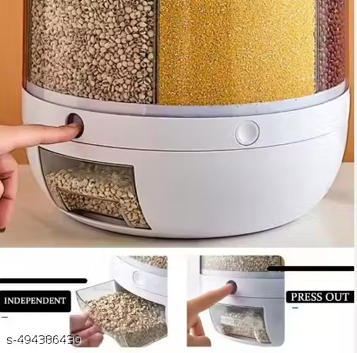 NARUIA 6-Grid Rotating Food Dispenser - Stackable Cereal, Rice, and Grain Storage Container with Measuring Cup (White)