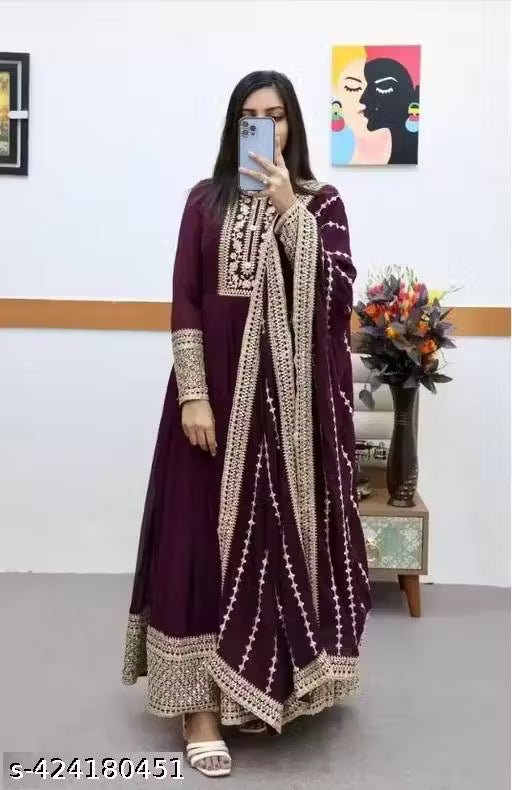 NORA HEAVY GEORJET DYED KURTI GOWN WITH PRINTED DUPATTA SET