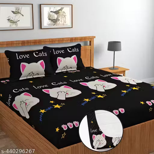 ENGUNIAS® Premium Cotton Blend Elastic Fitted Bedsheets with 2 King Size Pillow Covers