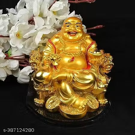HC VILLA Feng Shui Laughing Buddha Happy Man for Happiness and Money Wealth Sitting on Chair, Golden