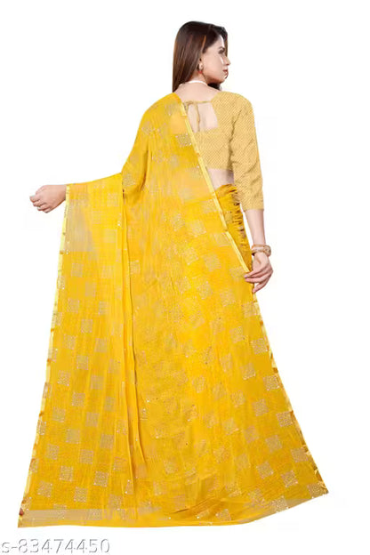 AnyTime's Poly Chiffon Yellow Lace border Saree With Blouse