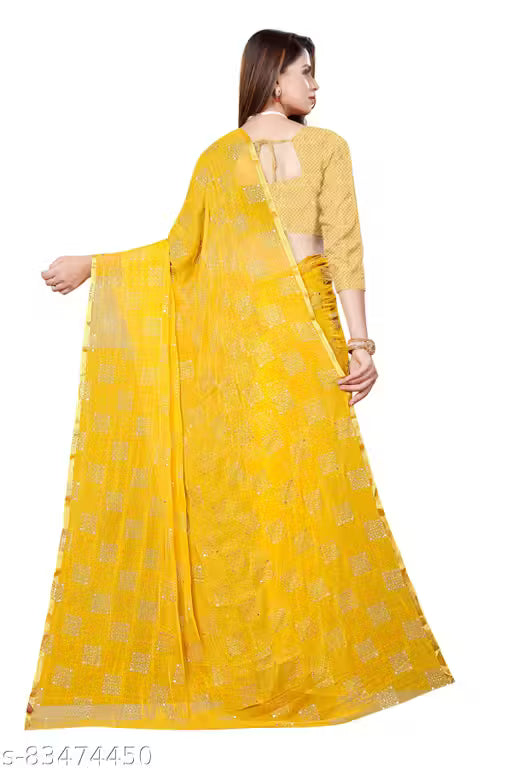 AnyTime's Poly Chiffon Yellow Lace border Saree With Blouse