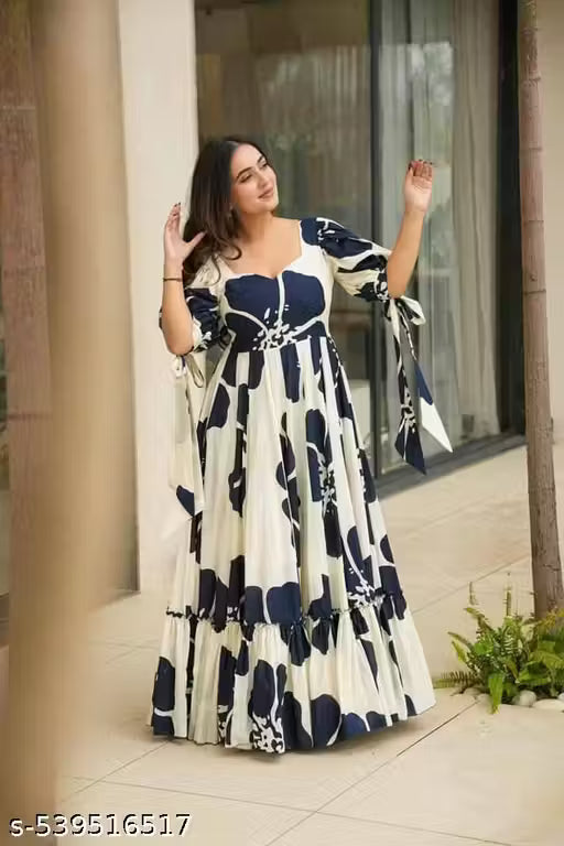 Navy & White Floral Maxi Dress with Puff Sleeves