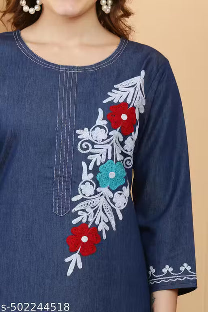 Royal Denim Embroidery Kurti For Girls and Women