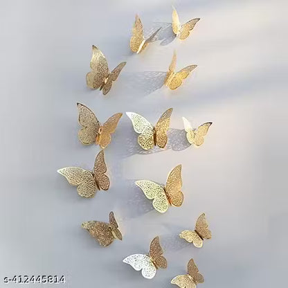 New Stylish And Trending 12pcs 3D Gorgeous Shiny Gold Butterflys Stickers with Sticking Pads- (Golden, Set of 12)