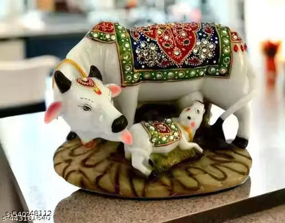 Kamdhenu Cow and Calf Showpiece | Good Luck Gift | Handicraft Marble Dust/Polyresin Decorative Statue | 5x3x3 Inch | Export Quality