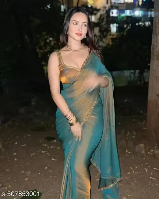 BHARODIYA ENTERPRISES Gold & Rama Green Two-Tone Soft Fancy Chiffon Silk Designer Saree