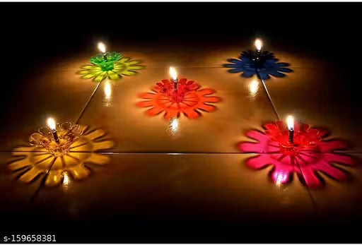Designer Transparent Diya 3D Reflection Diya Set Designer Shadow Diya for Diwali Decoration Glass Diya for Pooja -Multicolor(12pcs Set)