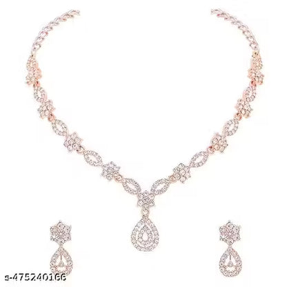 Jewellery Stylish Designed Rose Gold & Silver Polish AD Stone Studded Choker Necklace Jewellery Combo set