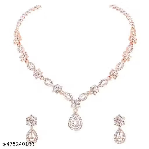 Jewellery Stylish Designed Rose Gold & Silver Polish AD Stone Studded Choker Necklace Jewellery Combo set