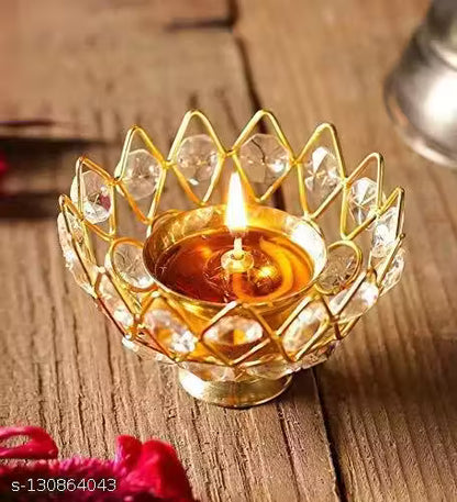 Brass Diya for Puja Crystal Deepak Diwali Decor Akhand Diya Small Pooja Articles (3 Inches)