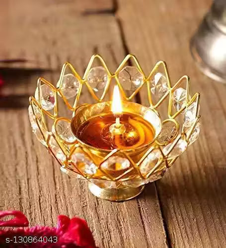 Brass Diya for Puja Crystal Deepak Diwali Decor Akhand Diya Small Pooja Articles (3 Inches)