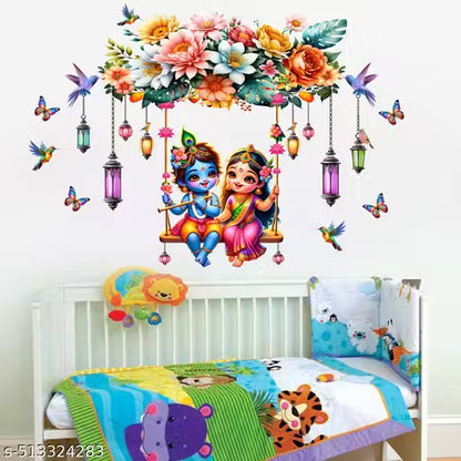 vcreate decor Cute Little Radha Krishna Butterflies Flower Wall Sticker ( size - small )