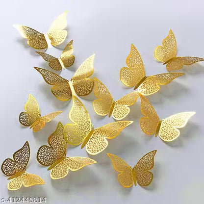 New Stylish And Trending 12pcs 3D Gorgeous Shiny Gold Butterflys Stickers with Sticking Pads- (Golden, Set of 12)