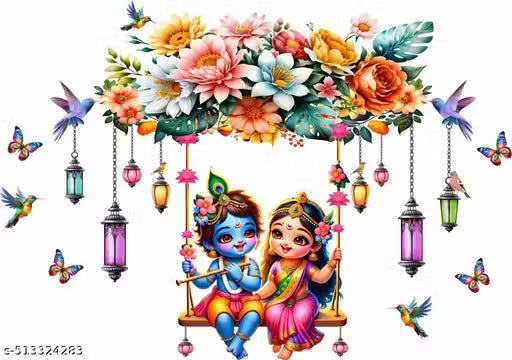 vcreate decor Cute Little Radha Krishna Butterflies Flower Wall Sticker ( size - small )