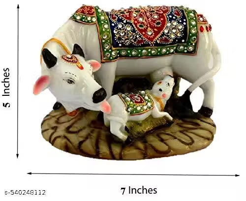 Kamdhenu Cow and Calf Showpiece | Good Luck Gift | Handicraft Marble Dust/Polyresin Decorative Statue | 5x3x3 Inch | Export Quality
