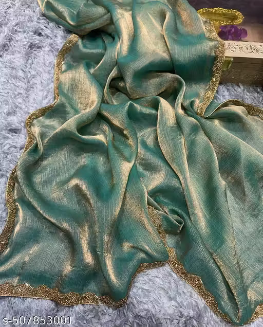 BHARODIYA ENTERPRISES Gold & Rama Green Two-Tone Soft Fancy Chiffon Silk Designer Saree