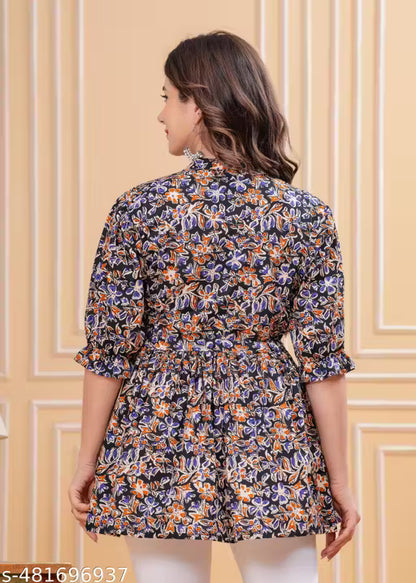 Women's Jaipuri Printed Floral Short Kurta,Floral Short Kurta, Short Kurta for Jeans