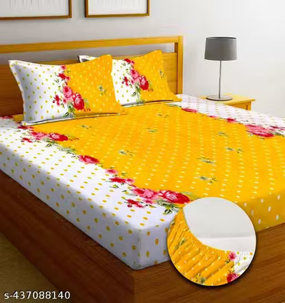 Sunshine Premium Cotton Feel Glace Cotton Elastic Fitted Printed King Size Double Bed Bedsheet with 2 Pillow Covers