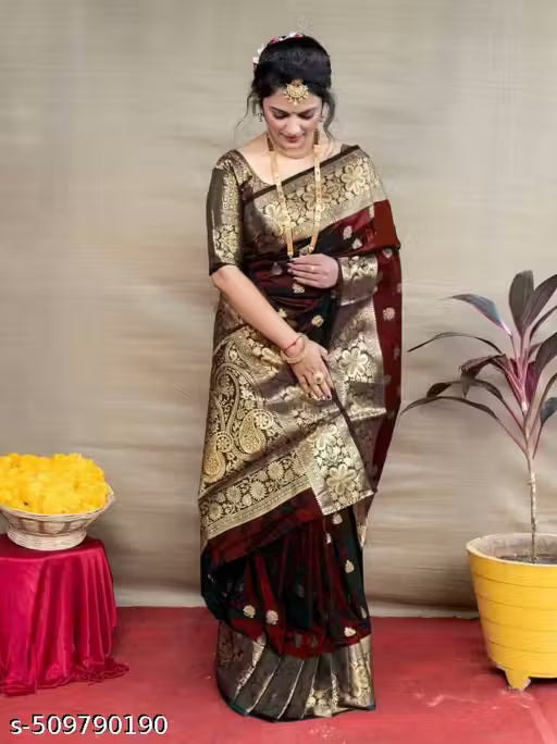 Premium Women's Jacquard Banarasi Silk Saree with Zari Woven Design, Ideal for Weddings & Festivals