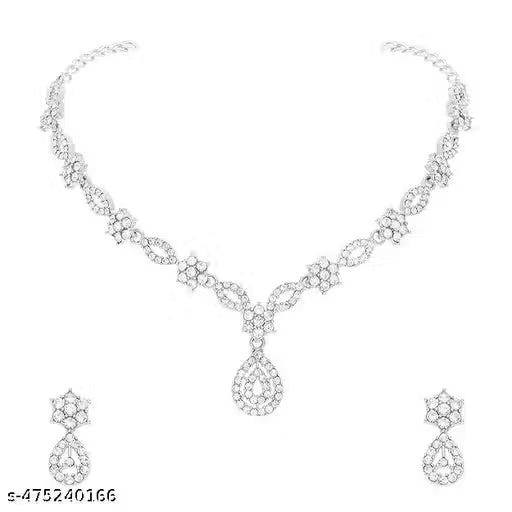 Jewellery Stylish Designed Rose Gold & Silver Polish AD Stone Studded Choker Necklace Jewellery Combo set