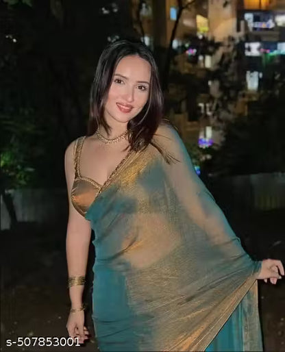 BHARODIYA ENTERPRISES Gold & Rama Green Two-Tone Soft Fancy Chiffon Silk Designer Saree