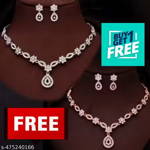 Jewellery Stylish Designed Rose Gold & Silver Polish AD Stone Studded Choker Necklace Jewellery Combo set