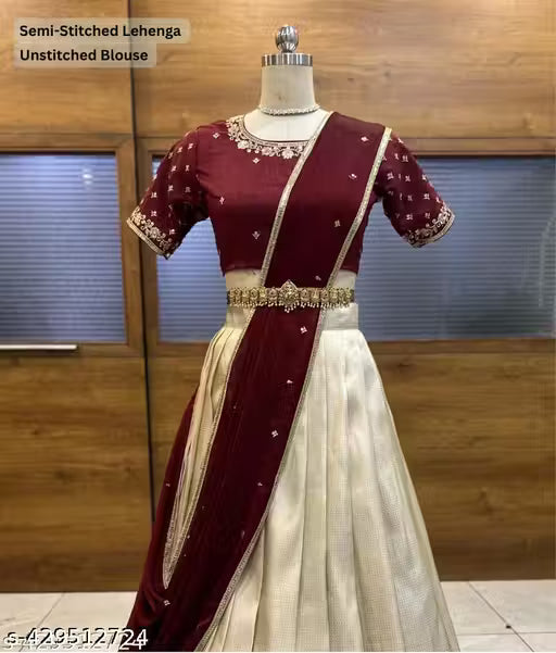 Trending Beautiful Soft Silk South Indian Style Half Saree With Embroidery Blouse & Rangoli Dupatta